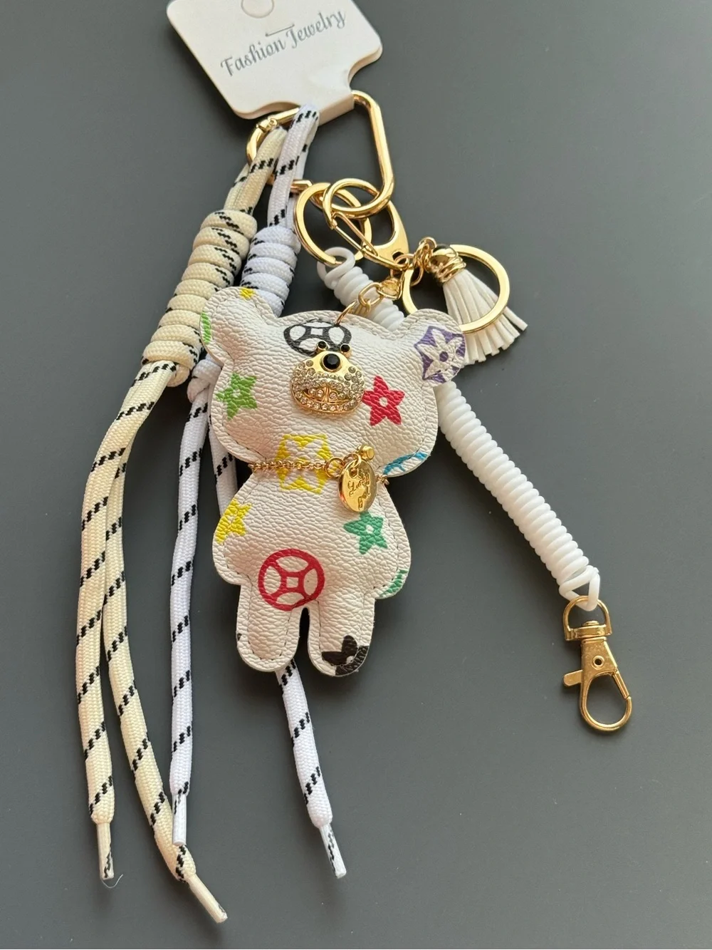 White Floral Print Bear Keychain Bag Charm Gold Accent Coordinating Cord NWT